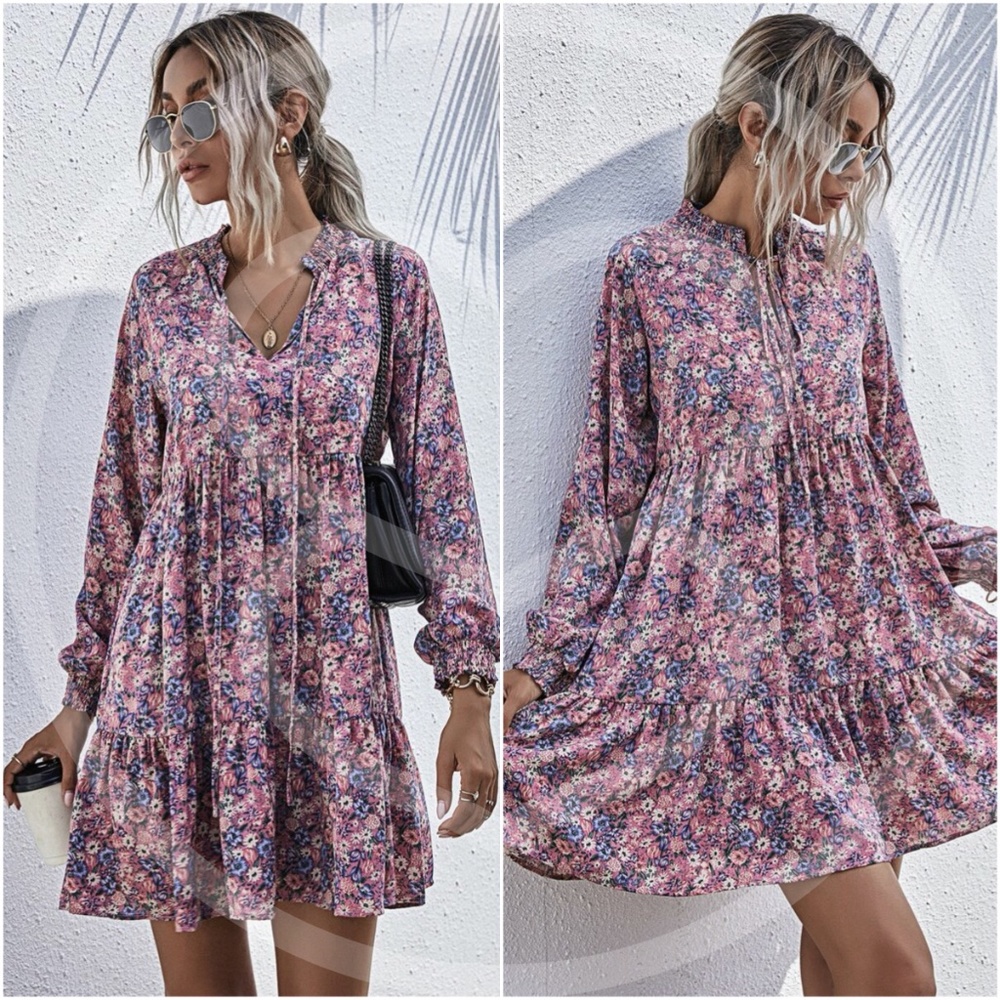 Boho floral print long sleeve v neck ruffle dress - Picture 4 of 9